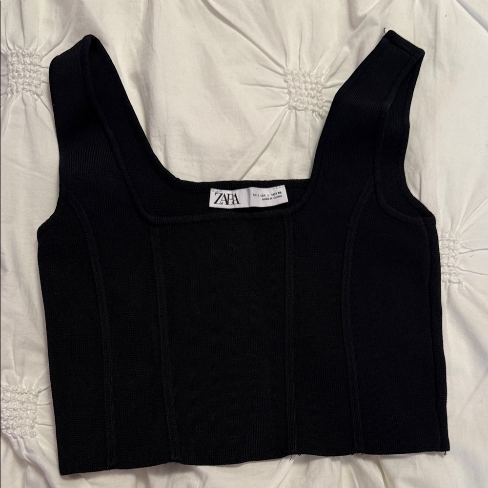 Zara Black Ribbed Square-Neck Crop Top